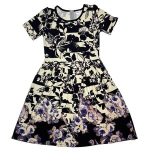 LuLaRoe Womens Dress Size‎ XL Amelia Ivory Black Purple Roses Floral Dipped